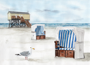Postcard DIN-A6 Watercolor Maritime Art Print North Sea St. Peter Ording SPO Westerhever Pile Construction Ocean Beach