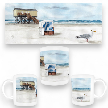 Cup Coffee Cup Mug Watercolor Maritime Art Print North Sea St. Peter Ording SPO Westerhever Pile Construction Ocean Beach