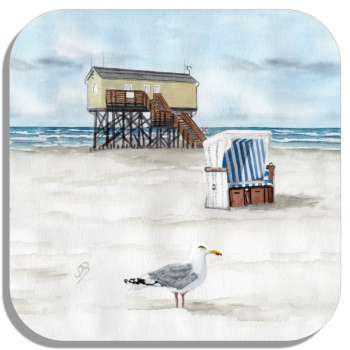 Coasters glass coasters 9,5 x  9,5 cm Watercolor Maritime Art Print North Sea St. Peter Ording SPO Westerhever Pile Construction Ocean Beach