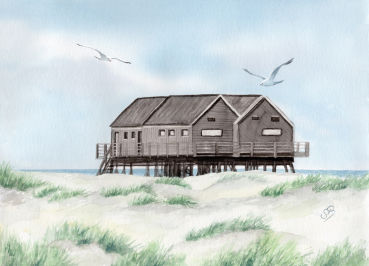 Postkarte DIN-A6  Aquarell Maritim Kunst Druck Kunstdruck Nordsee St. Peter Ording SPO Westerhever Pfahlbau Pfahlbauten Meer Strand