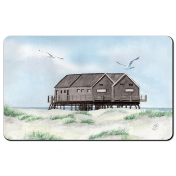 Frühstücksbrettchen Brettchen  Aquarell Maritim Kunst Druck Kunstdruck Nordsee St. Peter Ording SPO Westerhever Pfahlbau Pfahlbauten  Meer Strand