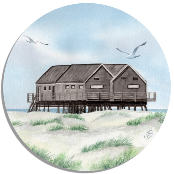 Untersetzer Glasuntersetzer rund 9,5 cm  Aquarell Maritim Kunst Druck Kunstdruck Nordsee St. Peter Ording SPO Westerhever Pfahlbau Pfahlbauten Meer Strand