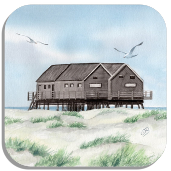 Untersetzer Glasuntersetzer 9,5 x 9,5 cm Aquarell Maritim Kunst Druck Kunstdruck Nordsee St. Peter Ording SPO Westerhever Pfahlbau Pfahlbauten Meer Strand