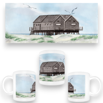 Tasse Becher Kaffeebecher Aquarell Maritim Kunst Druck Kunstdruck Nordsee St. Peter Ording SPO Westerhever Pfahlbau Pfahlbauten Meer Strand