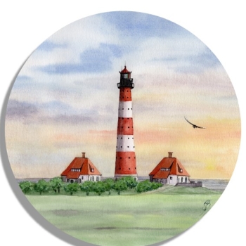 Coasters glass coasters 9,5 x  9,5 cm  Watercolor Maritime Art Print North Sea St. Peter Ording SPO Westerhever Lighthouse Ocean Beach