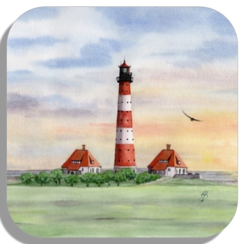 Coasters glass coasters 9,5 x  9,5 cm Watercolor Maritime Art Print North Sea St. Peter Ording SPO Westerhever Lighthouse Ocean Beach