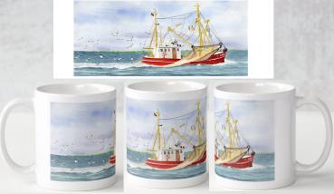 Cup Coffee Cup Mug Watercolor Maritime Art Print Denmark North Sea Baltic Sea Fishing boat  fisherboat cutter Seagulls