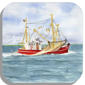 Coasters glass coasters 9,5 x  9,5 cm  Watercolor Maritime Art Print Denmark North Sea Baltic Sea Fishing boat  fisherboat cutter Seagulls