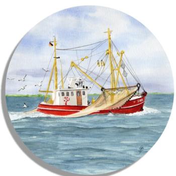 Coasters glass coasters 9,5 x  9,5 cm  Watercolor Maritime Art Print Denmark North Sea Baltic Sea Fishing boat  fisherboat cutter Seagulls