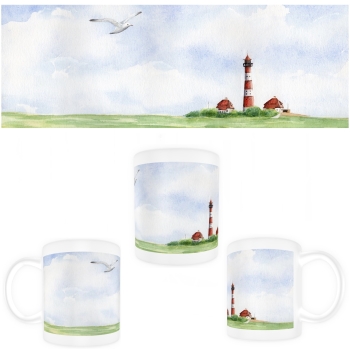 Cup Coffee Cup Mug Watercolor Maritime Art Print North Sea St. Peter Ording SPO Westerhever Lighthouse Ocean Beach
