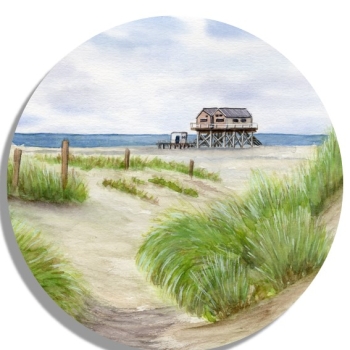 Untersetzer Glasuntersetzer rund 9,5 cm  Aquarell Maritim Kunst Druck Kunstdruck Nordsee St. Peter Ording SPO Westerhever Pfahlbau Pfahlbauten Meer Strand