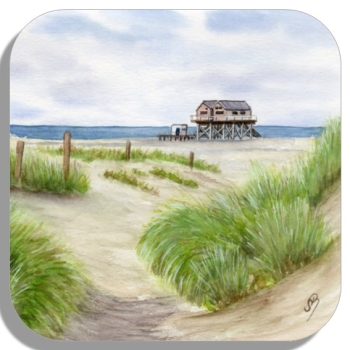 Untersetzer Glasuntersetzer 9,5 x 9,5 cm Aquarell Maritim Kunst Druck Kunstdruck Nordsee St. Peter Ording SPO Westerhever Pfahlbau Pfahlbauten Meer Strand