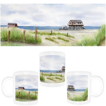 Tasse Becher Kaffeebecher Aquarell Maritim Kunst Druck Kunstdruck Nordsee St. Peter Ording SPO Westerhever Pfahlbau Pfahlbauten Meer Strand