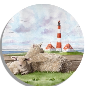 Untersetzer Glasuntersetzer rund 9,5 cm  Aquarell Maritim Kunst Druck Kunstdruck Nordsee St. Peter Ording SPO Westerhever Leuchtturm  Meer Strand Schafe
