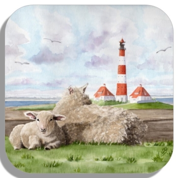 Untersetzer Glasuntersetzer 9,5 x 9,5 cm Aquarell Maritim Kunst Druck Kunstdruck Nordsee St. Peter Ording SPO Westerhever Leuchtturm Meer Strand Schafe