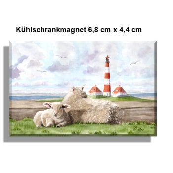 Kühlschrankmagnet   Aquarell Maritim Kunst Druck Kunstdruck Nordsee St. Peter Ording SPO Westerhever Leuchtturm Meer Strand Schafe