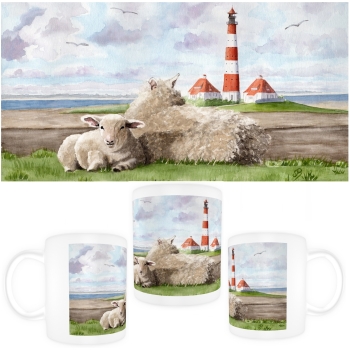Tasse Becher Kaffeebecher Aquarell Maritim Kunst Druck Kunstdruck Nordsee St. Peter Ording SPO Westerhever Leuchtturm Meer Strand Schafe