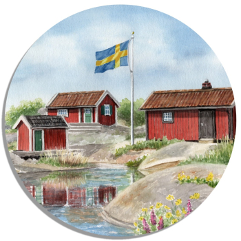Coasters glass coasters 9,5 x  9,5 cm watercolor art print Sweden Sverige house in the archipelago by the lake island