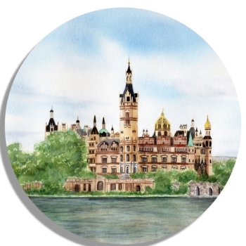 Untersetzer Glasuntersetzer rund 9,5 cm   Aquarell Maritim Kunst Druck Kunstdruck Ostsee Schweriner Schloss  - Schlossgarten Ansicht - SCH2