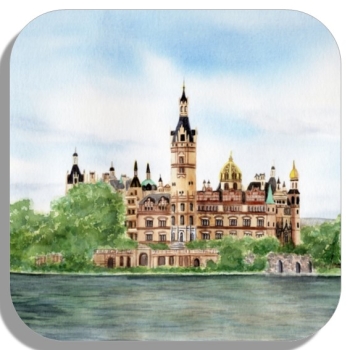 Untersetzer Glasuntersetzer 9,5 x 9,5 cm  Aquarell Maritim Kunst Druck Kunstdruck Ostsee  Schweriner Schloss  - Schlossgarten Ansicht - SCH2