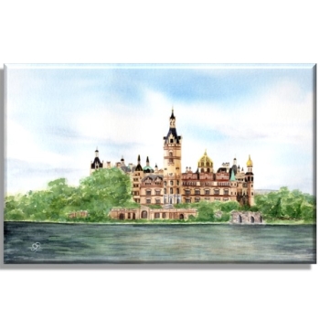 Leinwand 30 x 20 cm Keilrahmen Canvas-Leinen Aquarell Maritim Kunst Druck Kunstdruck Ostsee Schweriner Schloss  - Schlossgarten Ansicht - SCH2