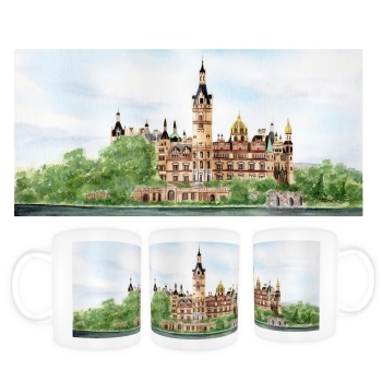 Tasse Becher Kaffeebecher Aquarell Maritim Kunst Druck Kunstdruck Ostsee Schweriner Schloss  - Schlossgarten Ansicht - SCH2