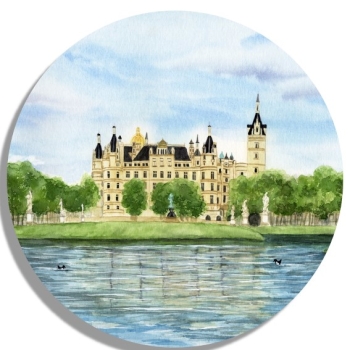 Untersetzer Glasuntersetzer rund 9,5 cm   Aquarell Maritim Kunst Druck Kunstdruck Ostsee Schweriner Schloss  - Schlossgarten Ansicht - SCH2