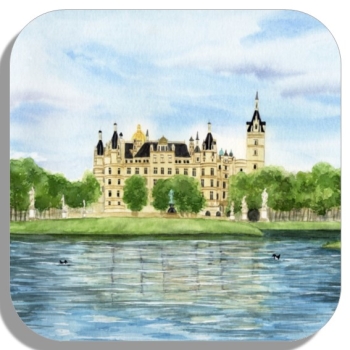 Untersetzer Glasuntersetzer 9,5 x 9,5 cm  Aquarell Maritim Kunst Druck Kunstdruck Ostsee  Schweriner Schloss  - Schlossgarten Ansicht - SCH2