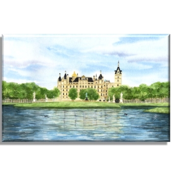 Leinwand 30 x 20 cm Keilrahmen Canvas-Leinen Aquarell Maritim Kunst Druck Kunstdruck Ostsee Schweriner Schloss  - Schlossgarten Ansicht - SCH2