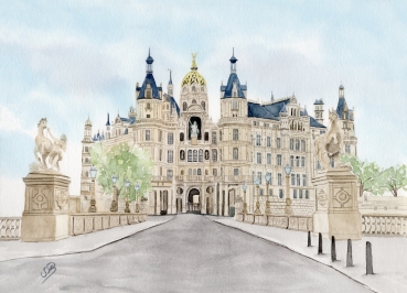 Postkarte DIN-A6 Aquarell Maritim Kunst Druck Kunstdruck Ostsee Schweriner Schloss  - Schlossgarten Ansicht - SCH2