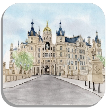 Untersetzer Glasuntersetzer 9,5 x 9,5 cm  Aquarell Maritim Kunst Druck Kunstdruck Ostsee  Schweriner Schloss  - Schlossgarten Ansicht - SCH2