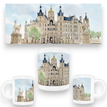Tasse Becher Kaffeebecher Aquarell Maritim Kunst Druck Kunstdruck Ostsee Schweriner Schloss  - Schlossgarten Ansicht - SCH2