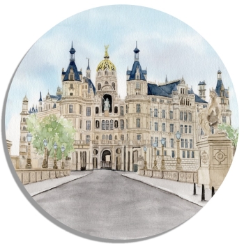 Untersetzer Glasuntersetzer rund 9,5 cm   Aquarell Maritim Kunst Druck Kunstdruck Ostsee Schweriner Schloss  - Schlossgarten Ansicht - SCH2
