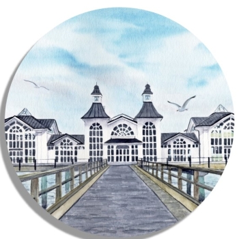 Untersetzer Glasuntersetzer rund 9,5 cm   Aquarell Maritim Kunst Druck Kunstdruck Ostsee Rügen Seebrücke Sellin Brücke Steg