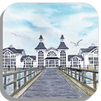 Untersetzer Glasuntersetzer 9,5 x 9,5 cm  Aquarell Maritim Kunst Druck Kunstdruck Ostsee  Rügen Seebrücke Sellin Brücke Steg