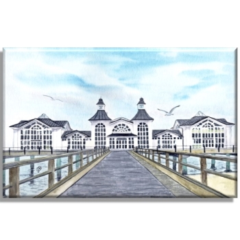 Leinwand 30 x 20 cm Keilrahmen Canvas-Leinen Aquarell Maritim Kunst Druck Kunstdruck Ostsee Rügen Seebrücke Sellin Brücke Steg