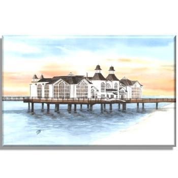 Leinwand 30 x 20 cm Keilrahmen Canvas-Leinen Aquarell Maritim Kunst Druck Kunstdruck Ostsee Rügen Seebrücke Sellin Brücke Steg