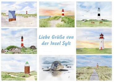 Folienmagnet  Aquarell Maritim Kunst Druck Kunstdruck Nordsee Strandkorb Leuchtturm Insel Juist Meer Strand Dünen