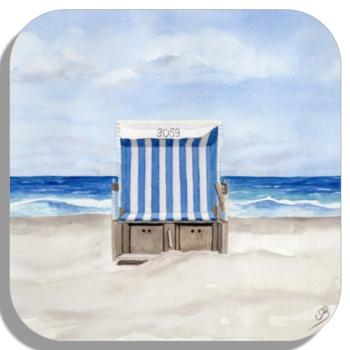 Untersetzer Glasuntersetzer 9,5 x 9,5 cm   Aquarell Maritim Kunst Druck Kunstdruck Strandkorb Dänemark Nordsee Ostsee Dünen Meer Strand Möwe Sylt
