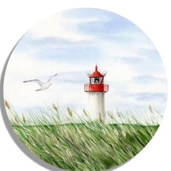 Untersetzer Glasuntersetzer rund 9,5 cm Aquarell Kunst Maritim Druck Kunstdruck Leuchtturm List Sylt Nordsee Meer Strand Dünen
