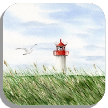 Untersetzer Glasuntersetzer 9,5 x 9,5 cm Aquarell Kunst Maritim Druck Kunstdruck Leuchtturm List Sylt Nordsee Meer Strand Dünen