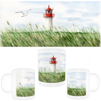 Tasse Becher Kaffeebecher Aquarell Kunst Maritim Druck Kunstdruck Leuchtturm List Sylt Nordsee Meer Strand Dünen