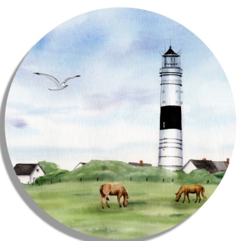 Untersetzer Glasuntersetzer rund 9,5 cm Aquarell Kunst Maritim Druck Kunstdruck Leuchtturm  Langer Christian Kampen Sylt Nordsee Meer Strand Dünen