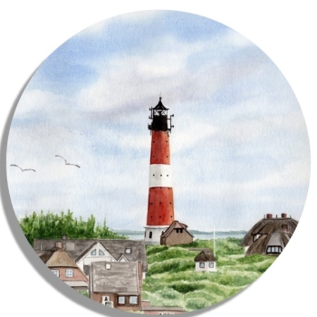 Untersetzer Glasuntersetzer rund 9,5 cm Aquarell Kunst Maritim Druck Kunstdruck Leuchtturm Hörnum Sylt Nordsee Meer Strand Dünen