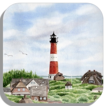 Untersetzer Glasuntersetzer 9,5 x 9,5 cm Aquarell Kunst Maritim Druck Kunstdruck Leuchtturm Hörnum Sylt Nordsee Meer Strand Dünen