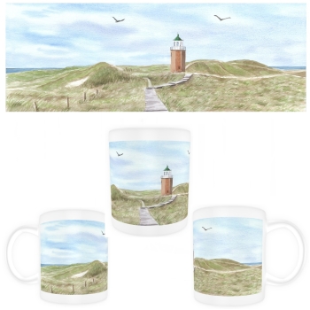Tasse Becher Kaffeebecher Aquarell Kunst Maritim Druck Kunstdruck Leuchtturm Rotes Kliff Kampen Sylt Nordsee Meer Strand Dünen