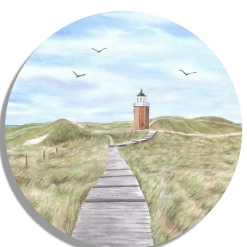 Untersetzer Glasuntersetzer rund 9,5 cm Aquarell Kunst Maritim Druck Kunstdruck Leuchtturm Rotes Kliff Kampen Sylt Nordsee Meer Strand Dünen