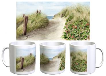 Tasse Becher Kaffeebecher Strandweg  Aquarell Maritim Kunst Druck Kunstdruck Dänemark Nordsee Ostsee Dünen Meer Strand Sylt