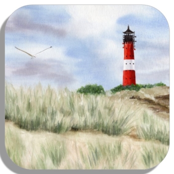 Untersetzer Glasuntersetzer 9,5 x 9,5 cm Aquarell Kunst Maritim Druck Kunstdruck Leuchtturm Hörnum Sylt Nordsee Meer Strand Dünen