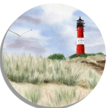 Untersetzer Glasuntersetzer rund 9,5 cm Aquarell Kunst Maritim Druck Kunstdruck Leuchtturm Hörnum Sylt Nordsee Meer Strand Dünen